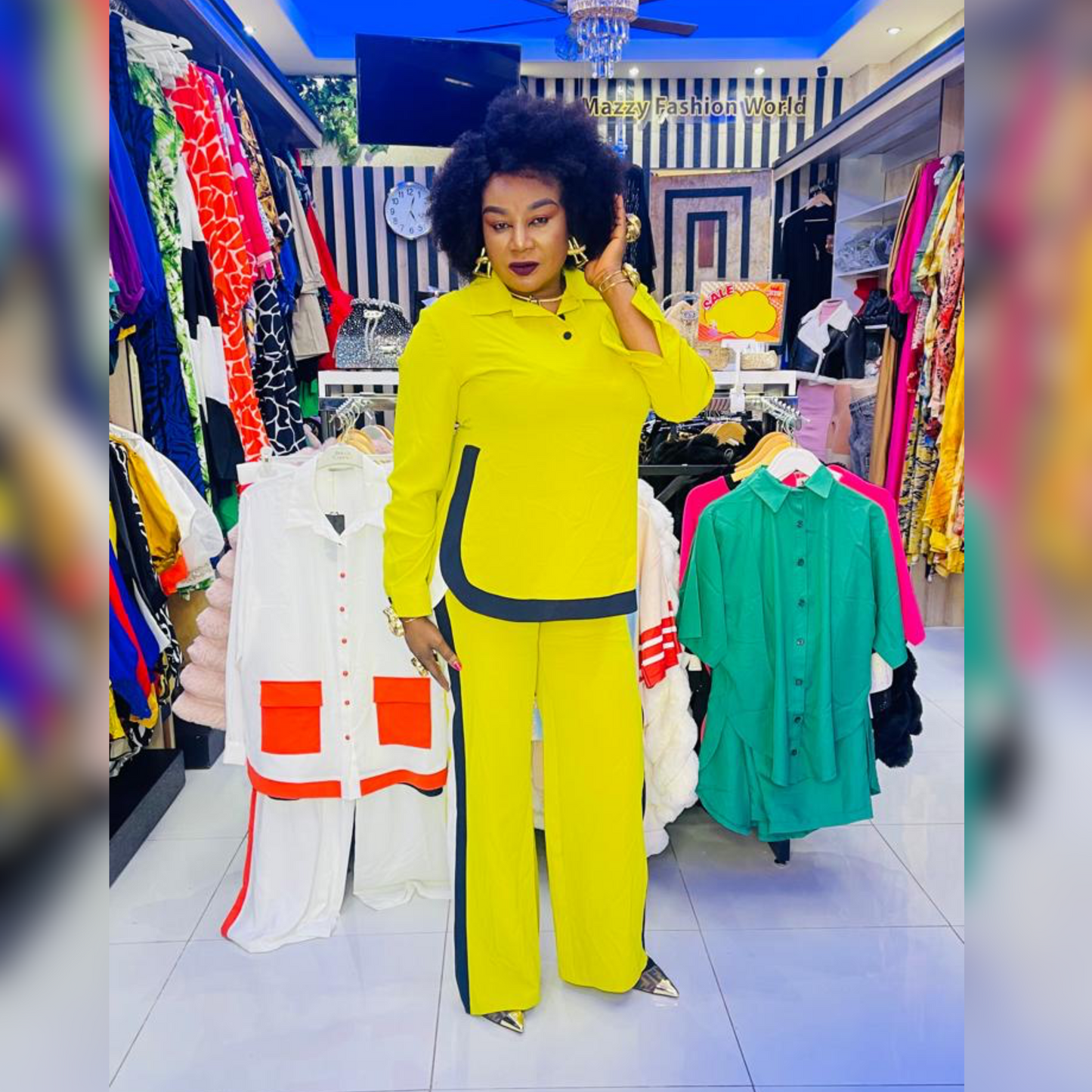 Stylish yellow two-piece outfit with contrast trim from Mazzy Cosmetics, perfect for casual wear