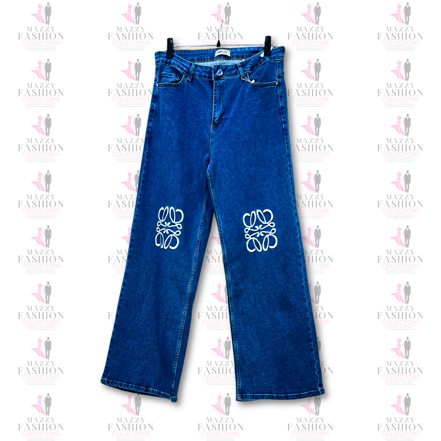 MazzyCosmetics-spa Veneta Top & Pants in Blue Denim with Floral Embroidery Design