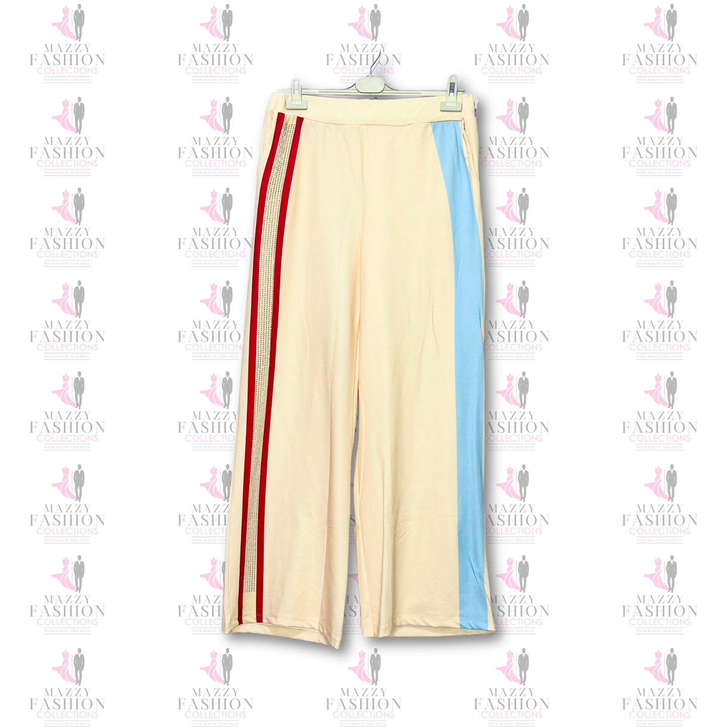 MazzyCosmetics-spa 36 Women's Casual Striped Pants in Cream with Blue and Red Accents