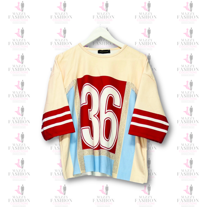 Mazzy Cosmetics Spa Oversized Jersey T-shirt in Beige with Red Sleeves and 36 Graphic Design