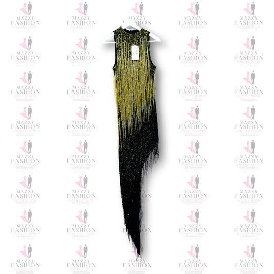 Trendy Dusk Till Dawn sleeveless dress with a gradient fringe design in black and gold