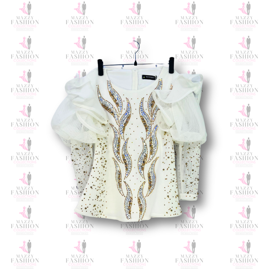 Stylish white Mazzy Cosmetics spa top with ruffled sleeves and embellished design