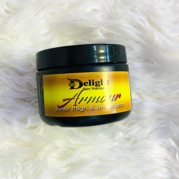 MazzyCosmetics-spa Armour cream for inner thigh & underarm in a black jar on a fluffy surface